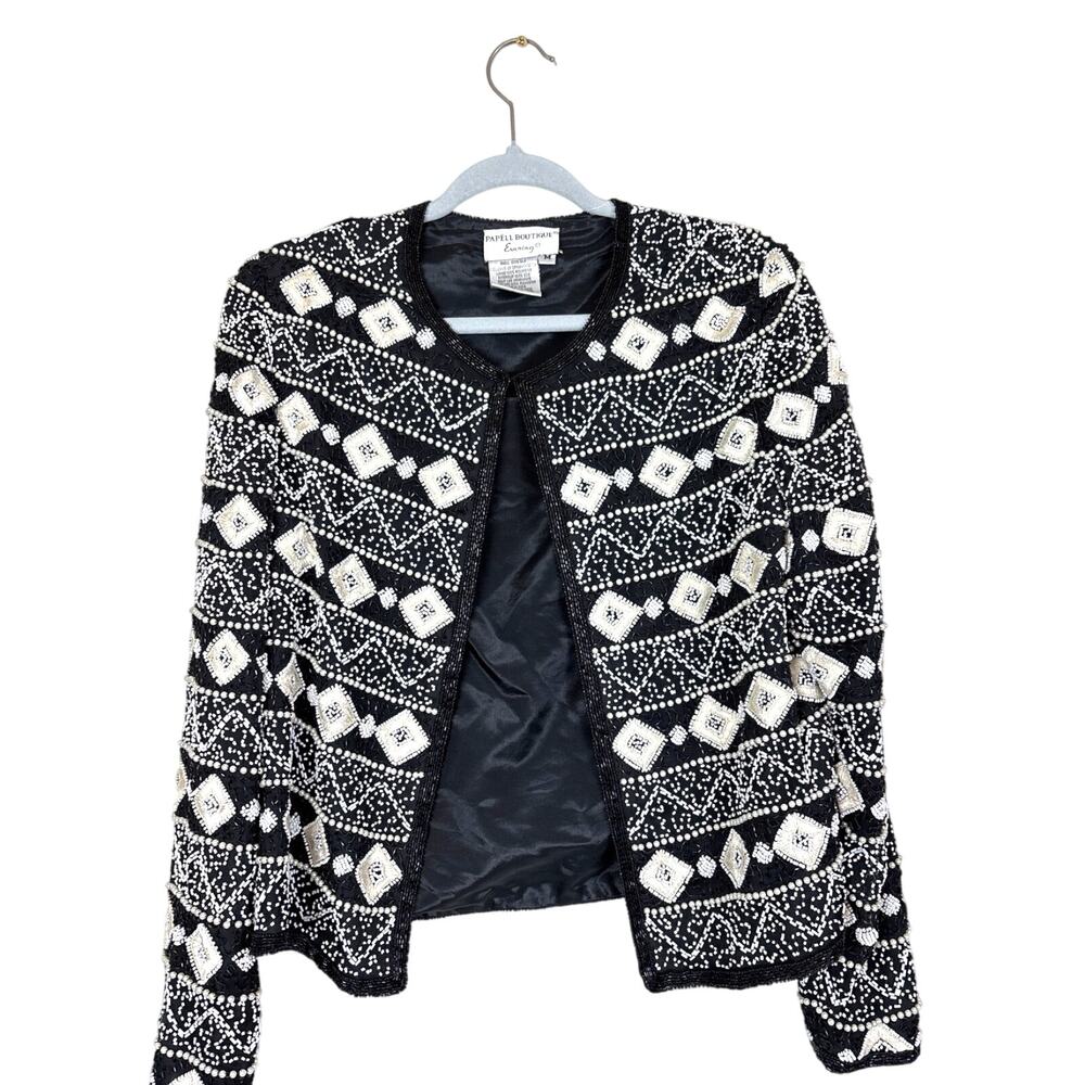 Papell Boutique Womens M Vintage Black White Silk Beaded Embroidered Jacket Boho
